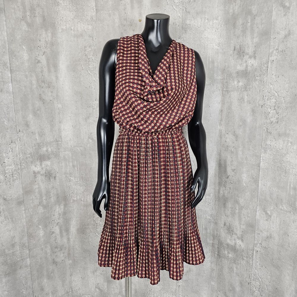 Yumi Womens US6/8 EU40 Silky Geometric Pattern Accordion Pleat Cowl Neck‎ Dress